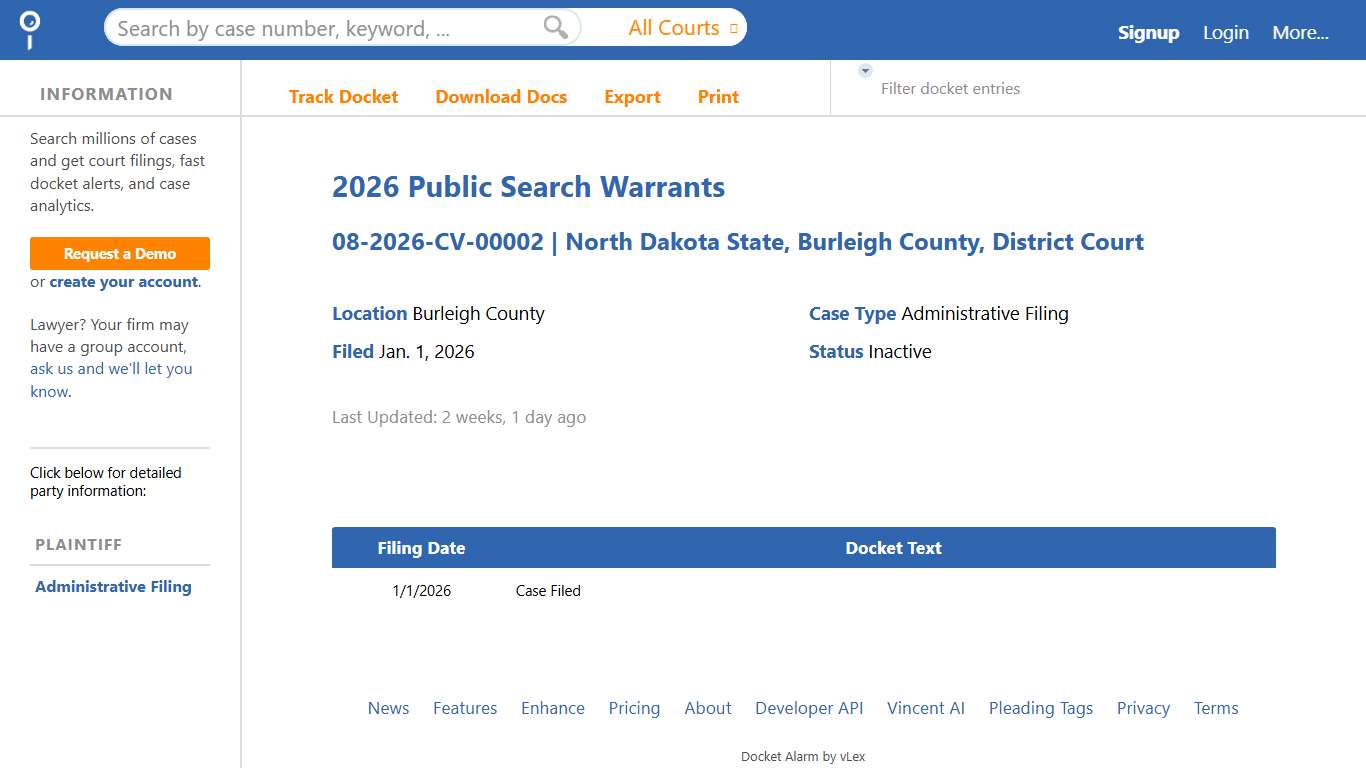 2026 Public Search Warrants, 08-2026-CV-00002 (North Dakota State, Burleigh County, District Court)